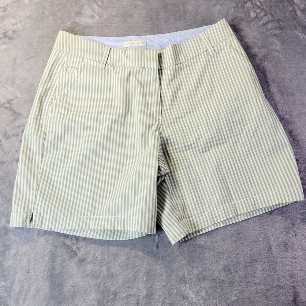 Crown & Ivy Womens 6 Green White Striped Shorts High Rise Cotton‎ Stretch Preppy